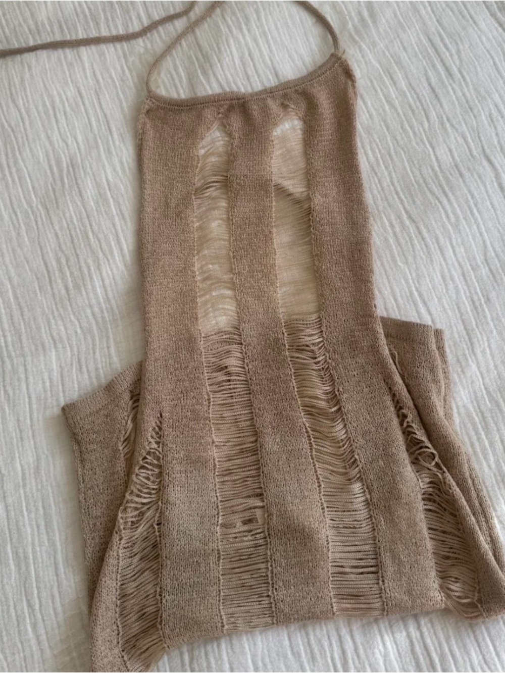 Beige Distressed Knit Halter Coverup